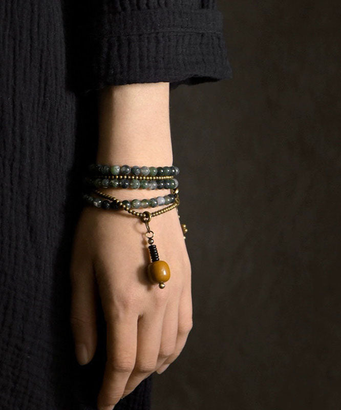 Vintage Green Copper Patchwork Layered Agate Beading Unisex Charm Bracelet