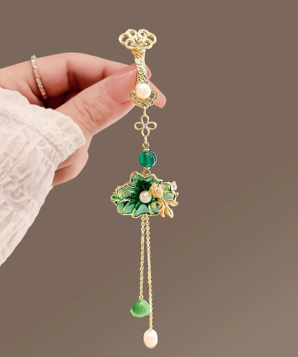 Vintage Green Copper Pearl Orchid Tassel Hairpin