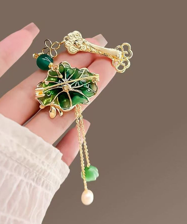 Vintage Green Copper Pearl Orchid Tassel Hairpin