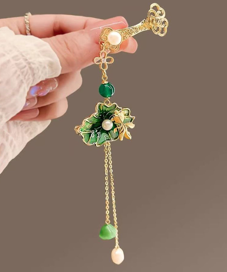 Vintage Green Copper Pearl Orchid Tassel Hairpin