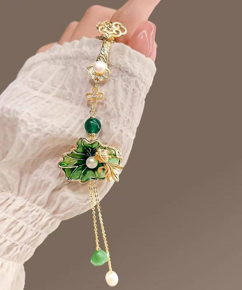 Vintage Green Copper Pearl Orchid Tassel Hairpin