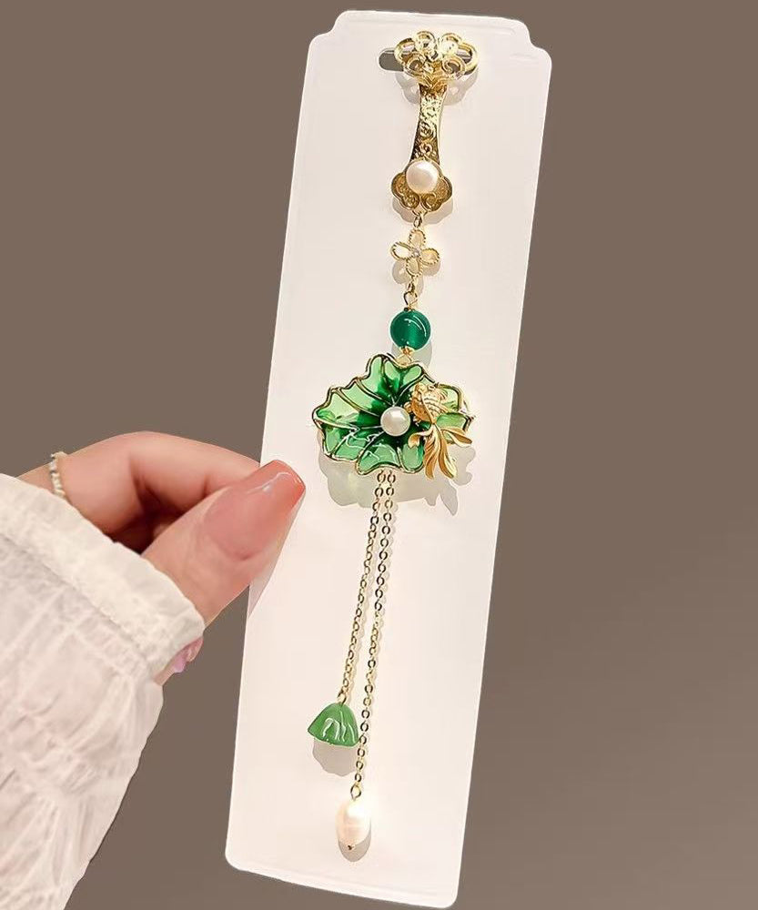 Vintage Green Copper Pearl Orchid Tassel Hairpin