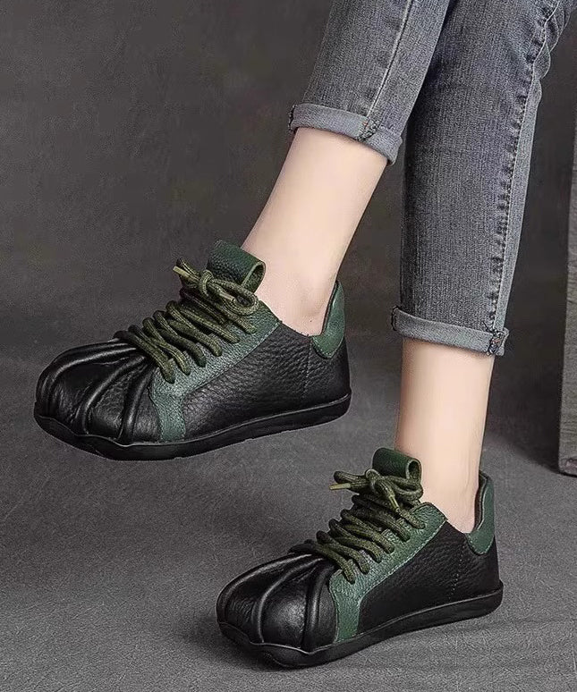 Vintage Green Cowhide Leather Flat Shoes Splicing Lace Up