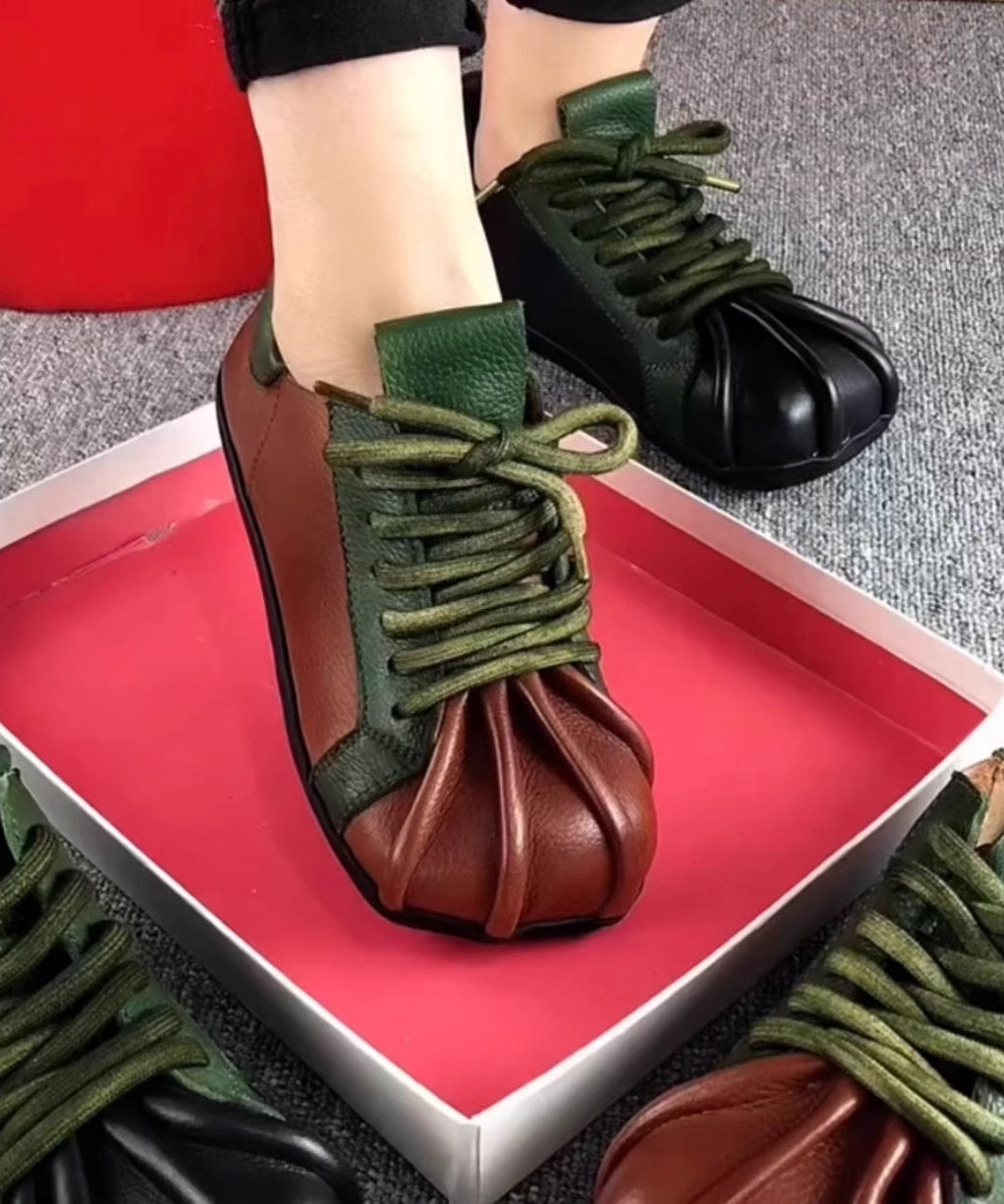 Vintage Green Cowhide Leather Flat Shoes Splicing Lace Up