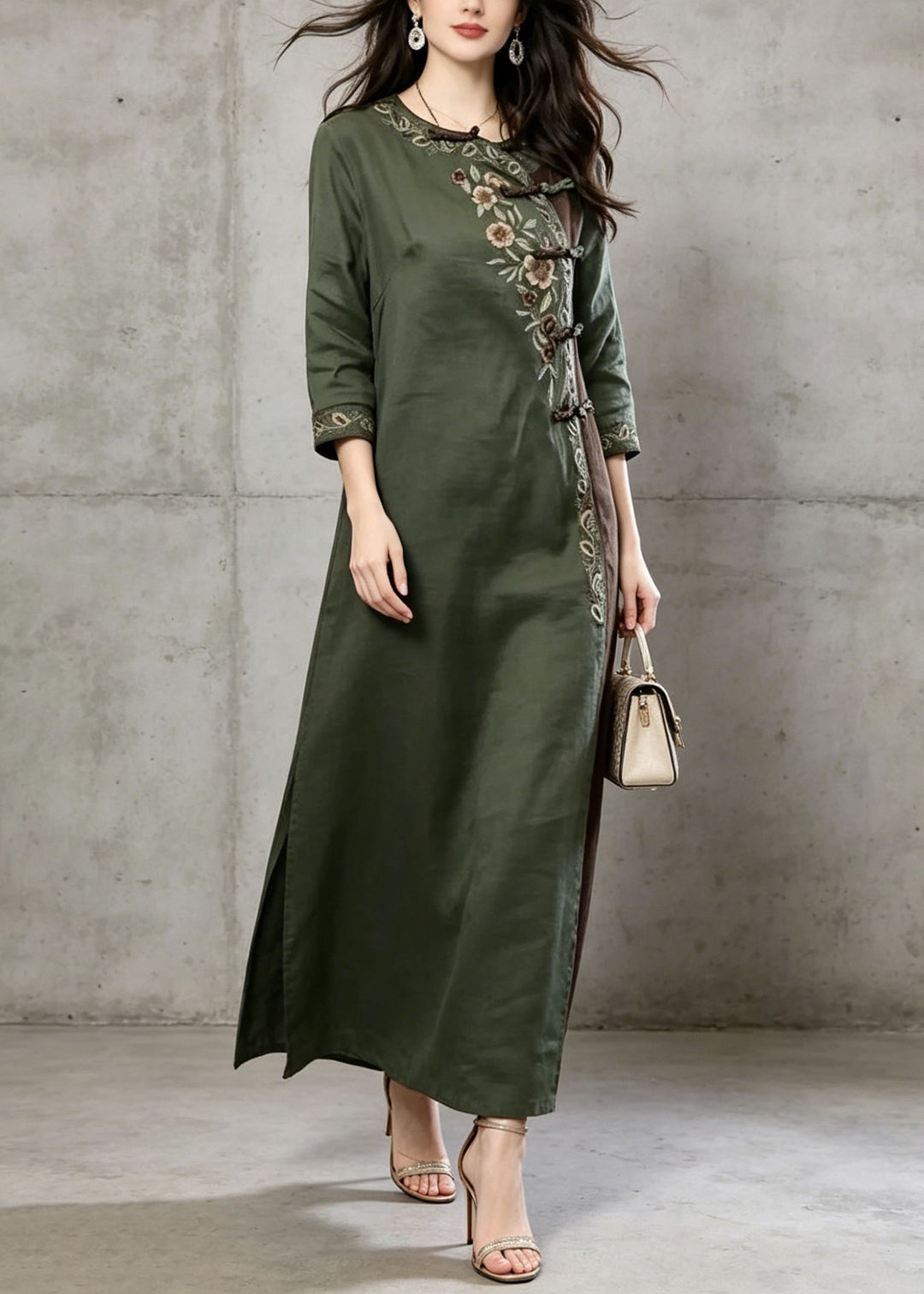 Vintage Green Embroidered Chinese Button Cotton Dress Summer