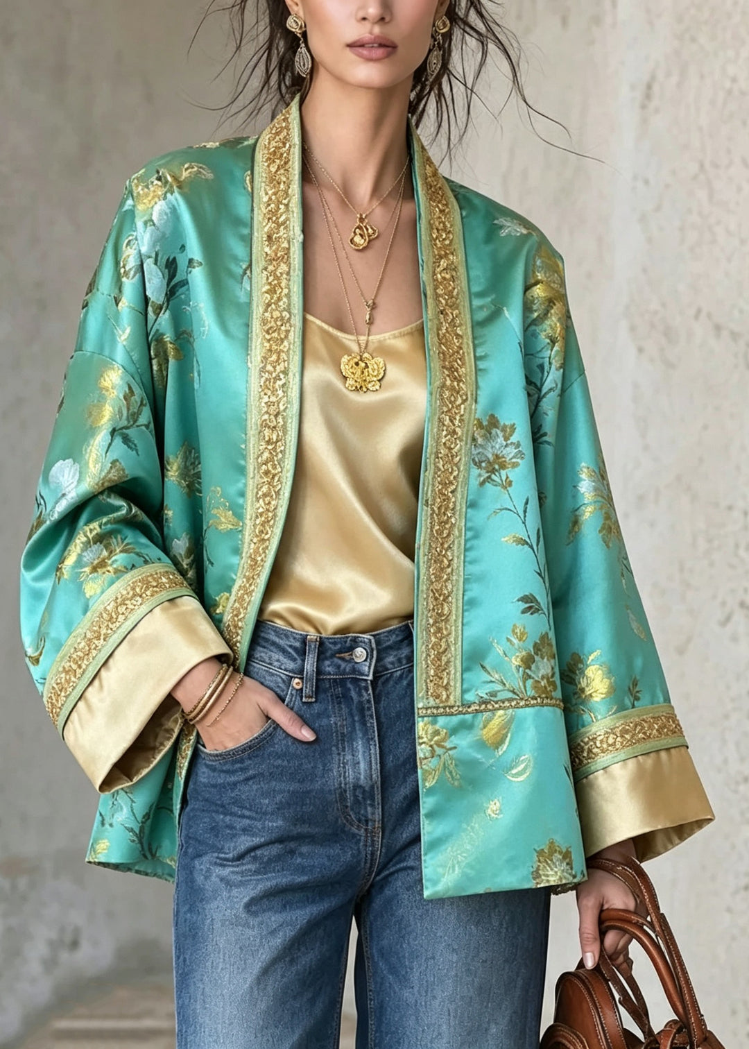 Vintage Green Embroidered Patchwork Silk Cardigan Fall