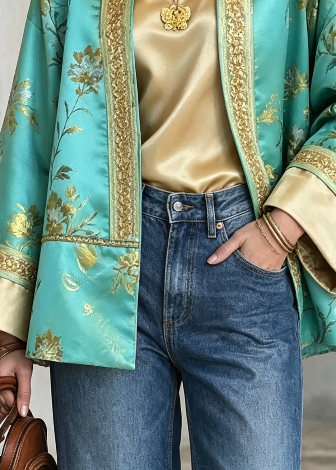 Vintage Green Embroidered Patchwork Silk Cardigan Fall