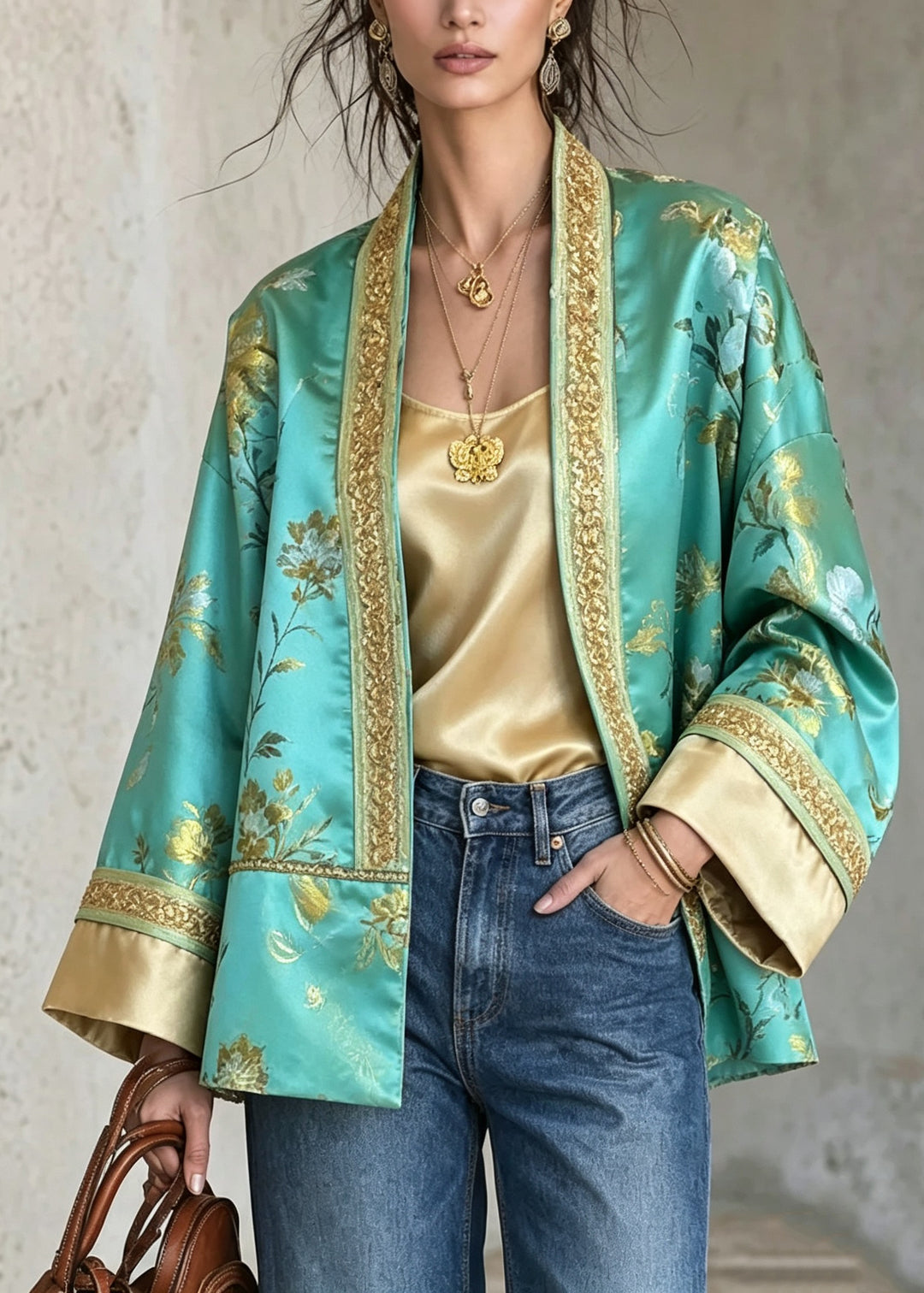 Vintage Green Embroidered Patchwork Silk Cardigan Fall