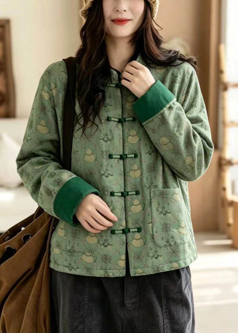 Vintage Green Mandarin Collar Print Frog Button Pockets Cotton Filled Jackets Winter