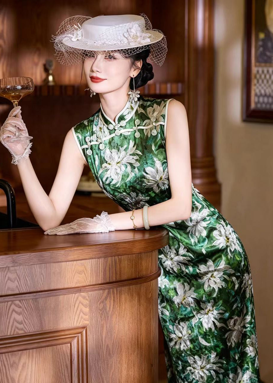 Vintage Green Mandarin Collar Side Open Dress Fall