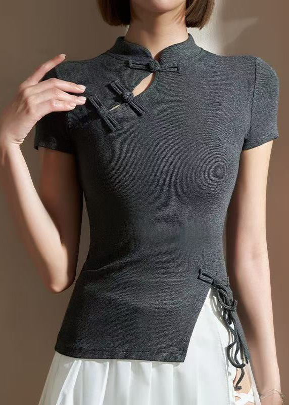 Vintage Green Mandarin Collar Side Open Summer Crop Top Workout