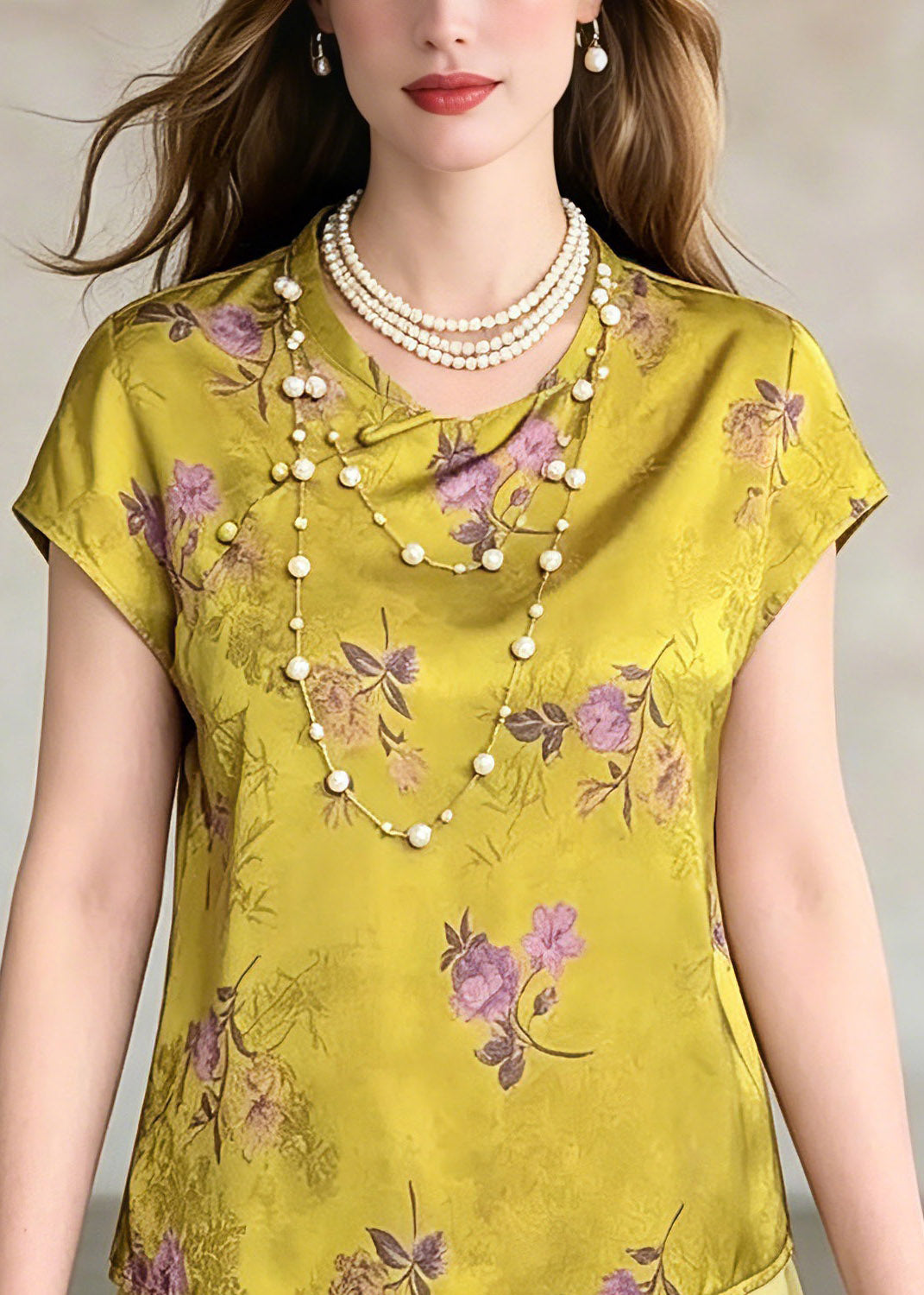 Vintage Green O-Neck Print Chiffo T Shirt Summer