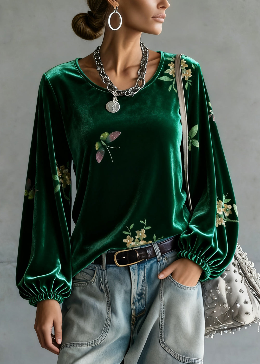 Vintage Green O-Neck Print Silk Velour Tops Spring - Omychic