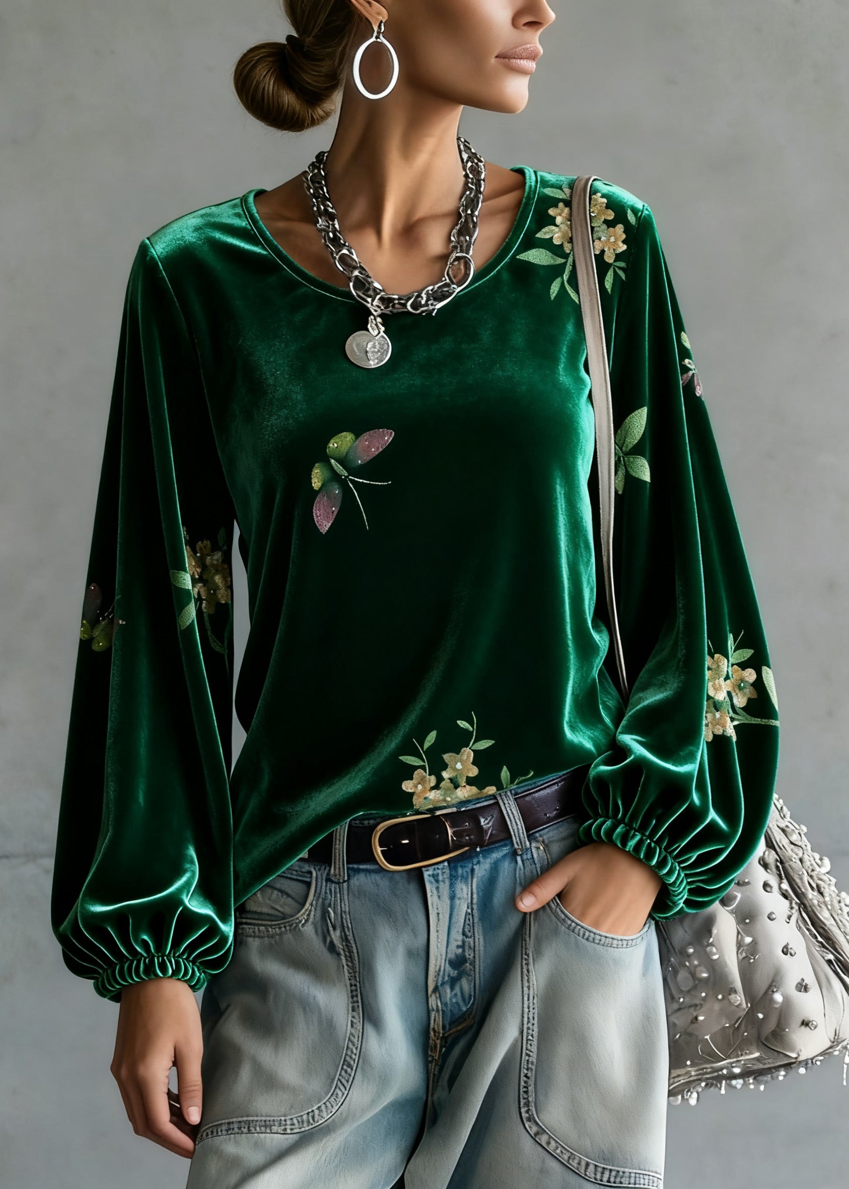 Vintage Green O-Neck Print Silk Velour Tops Spring - Omychic