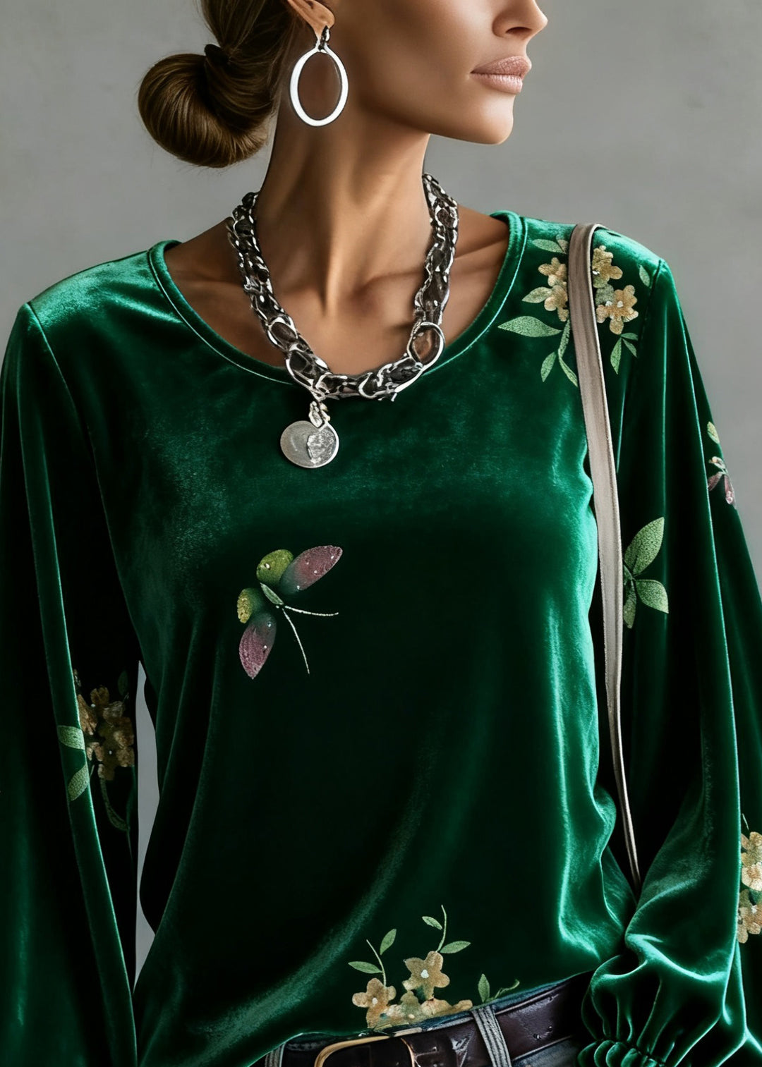 Vintage Green O-Neck Print Silk Velour Tops Spring - Omychic