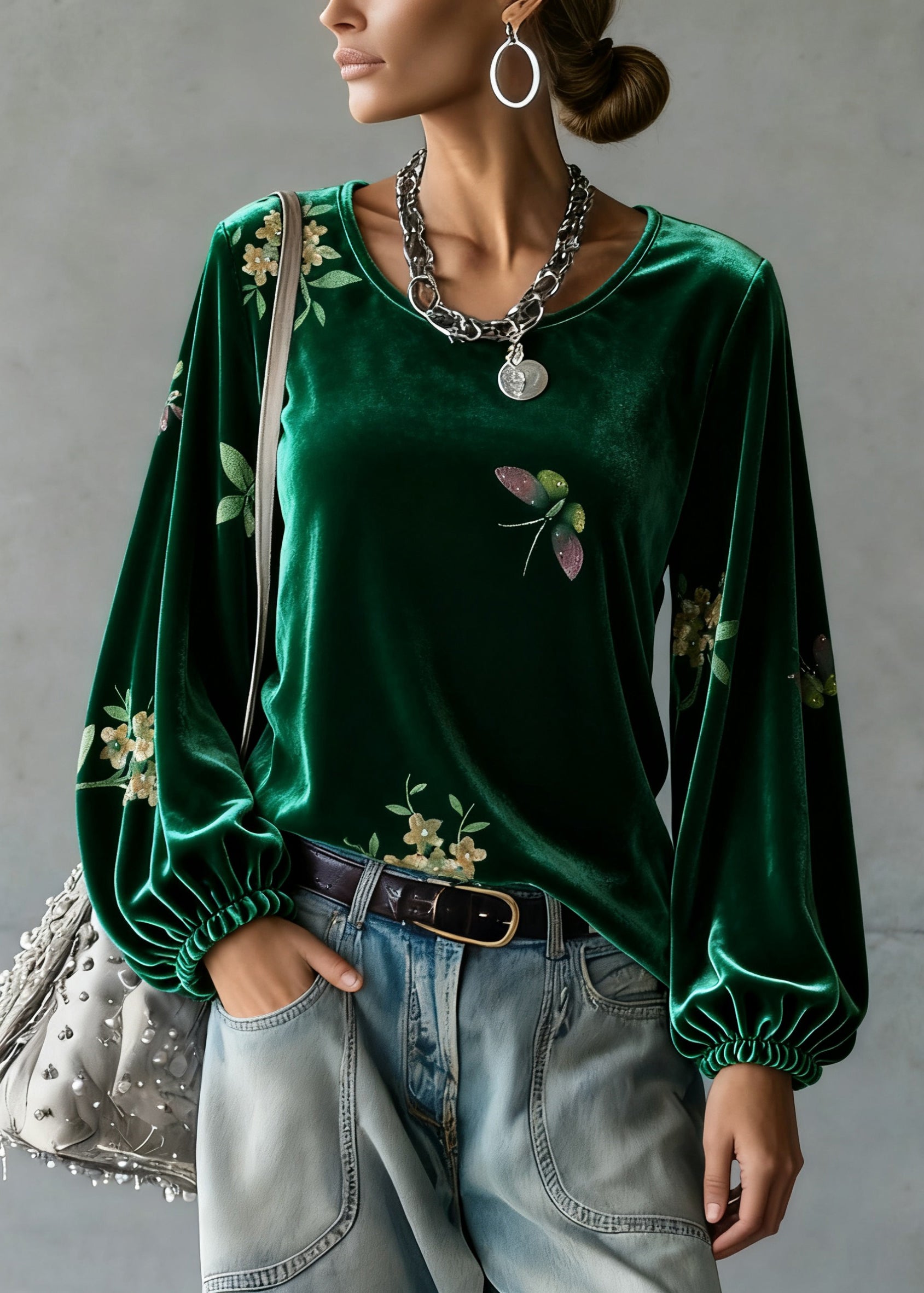Vintage Green O-Neck Print Silk Velour Tops Spring - Omychic