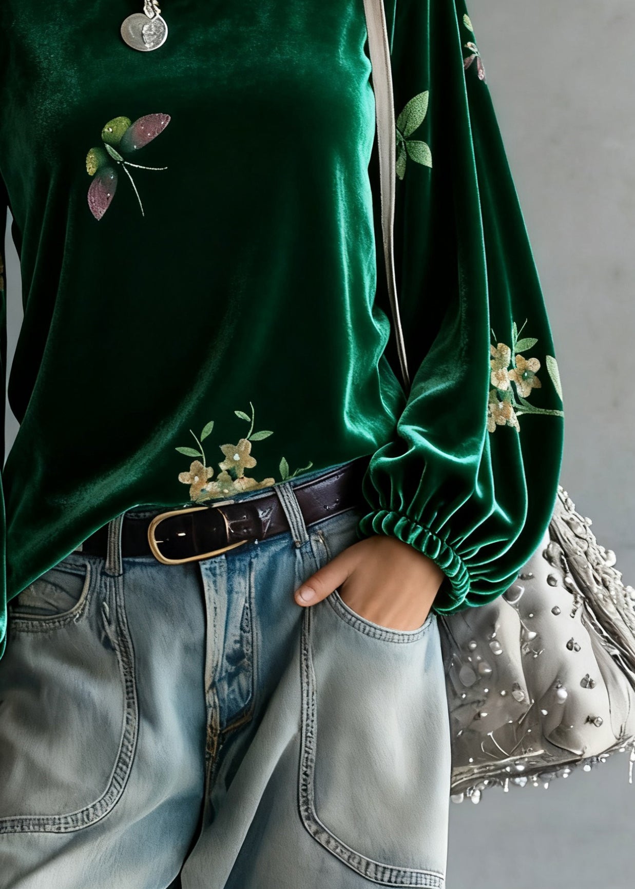 Vintage Green O-Neck Print Silk Velour Tops Spring - Omychic