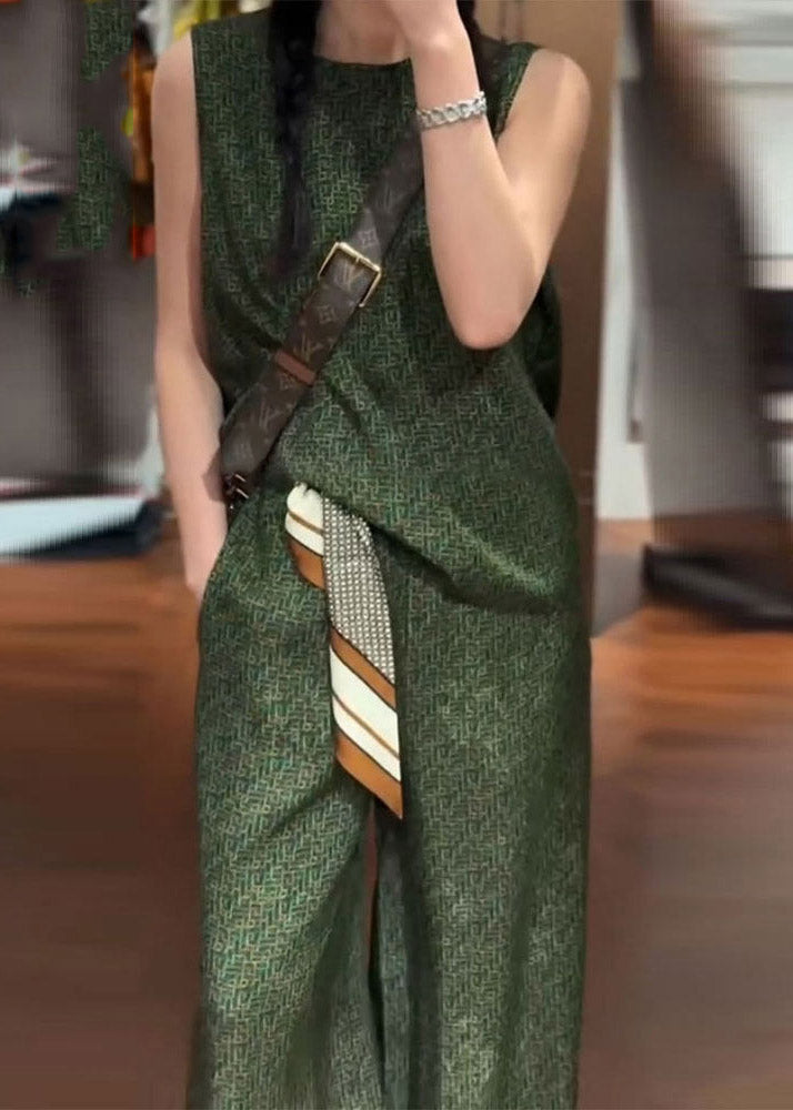 Vintage Green O-Neck Satin Vest And Wide Leg Pants Two Pieces Set Summer