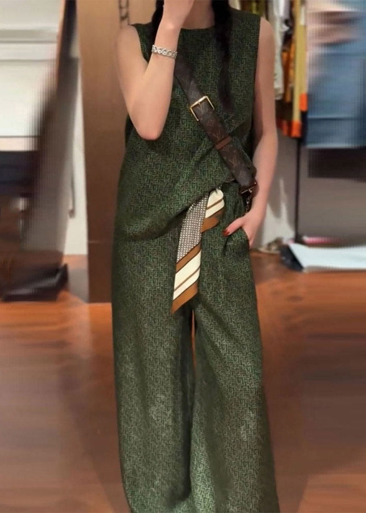 Vintage Green O-Neck Satin Vest And Wide Leg Pants Two Pieces Set Summer