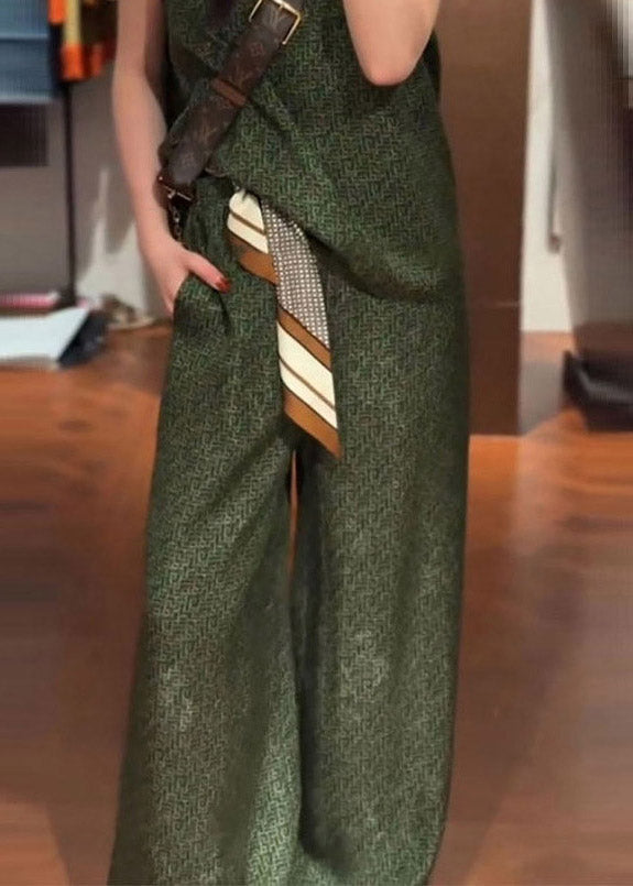 Vintage Green O-Neck Satin Vest And Wide Leg Pants Two Pieces Set Summer