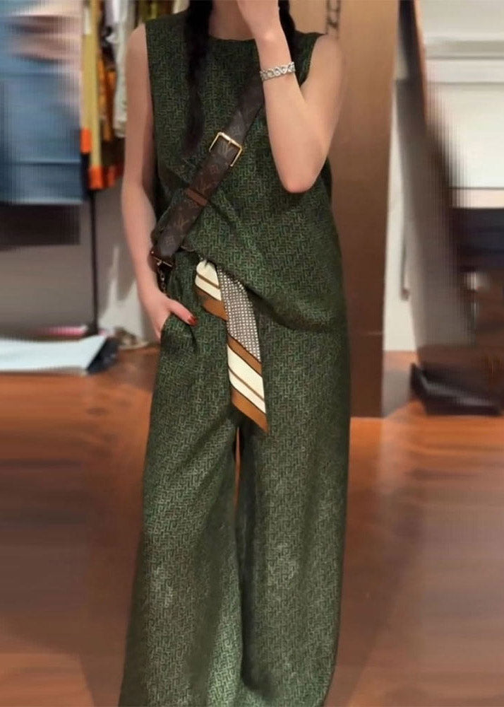 Vintage Green O-Neck Satin Vest And Wide Leg Pants Two Pieces Set Summer