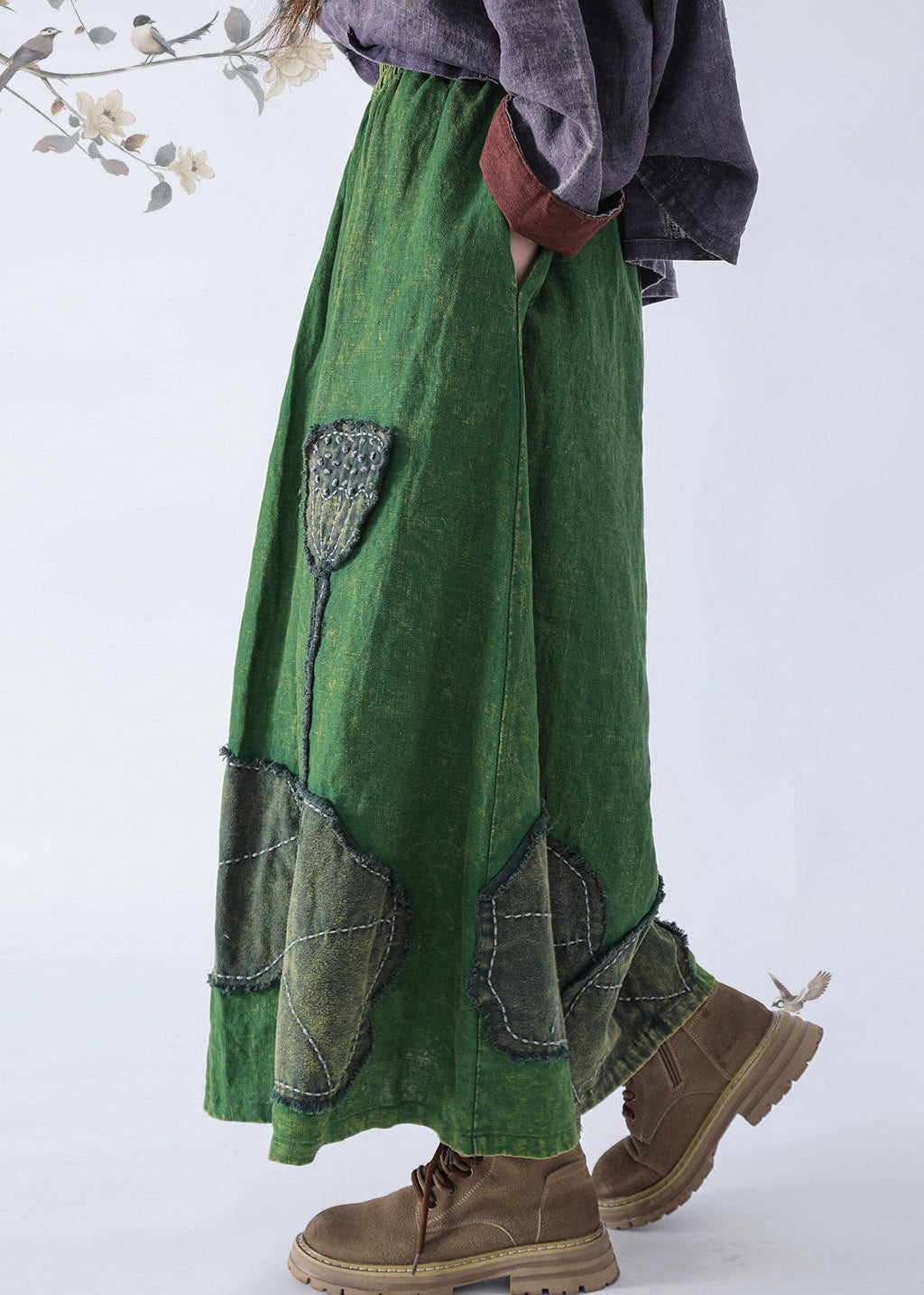 Vintage Green Patch Linen A Line Skirt Fall