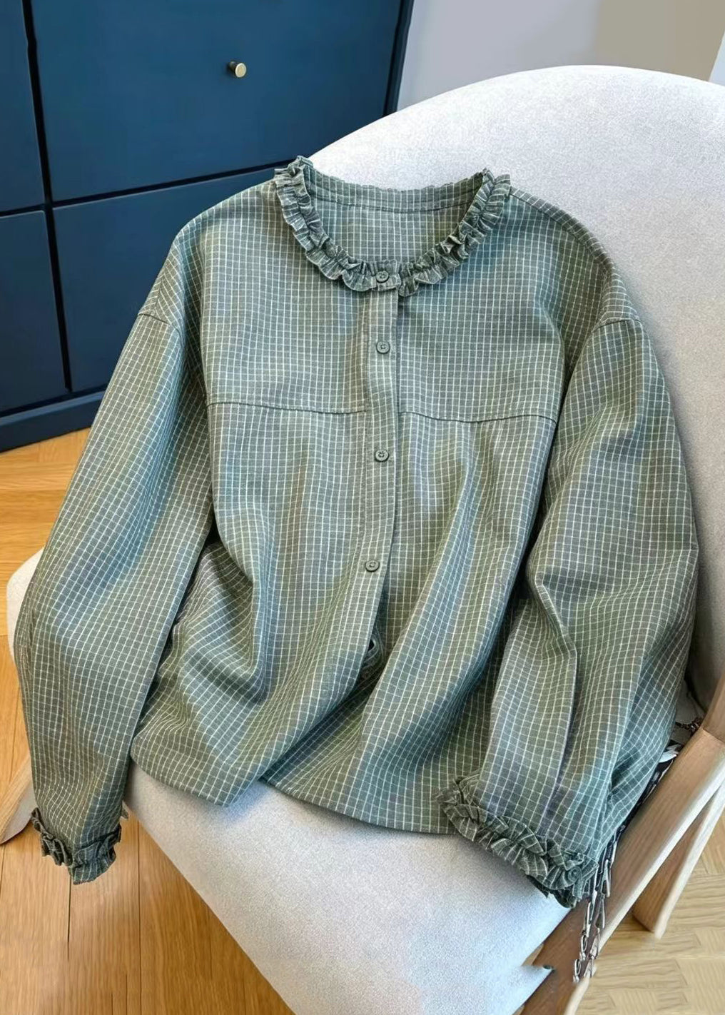 Vintage Green Plaid O-Neck Ruffled Cotton Shirt Top Fall