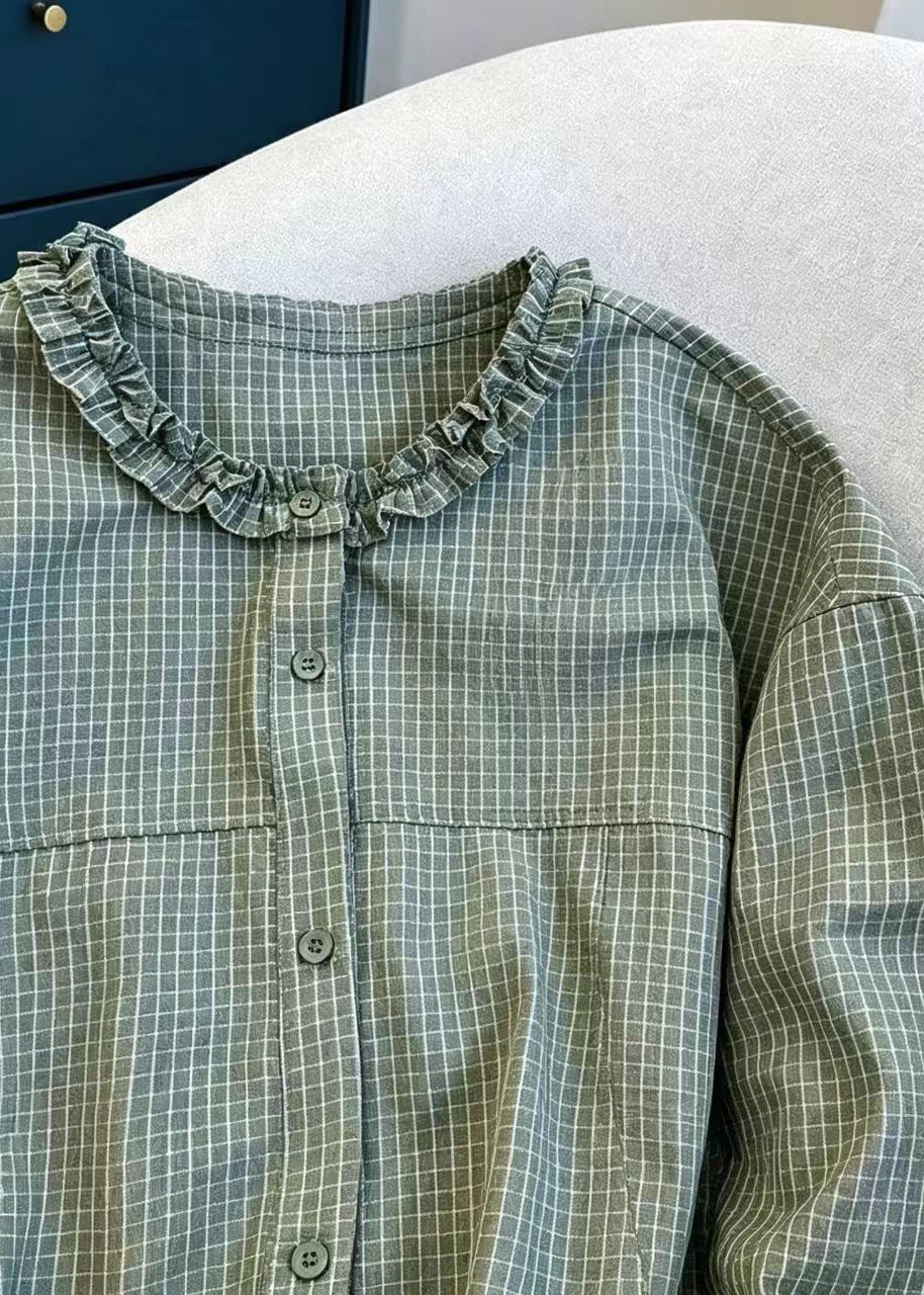 Vintage Green Plaid O-Neck Ruffled Cotton Shirt Top Fall