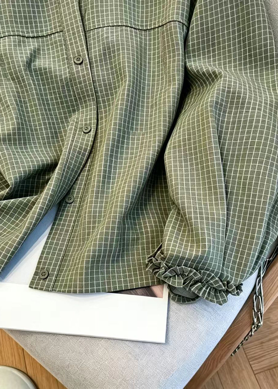 Vintage Green Plaid O-Neck Ruffled Cotton Shirt Top Fall