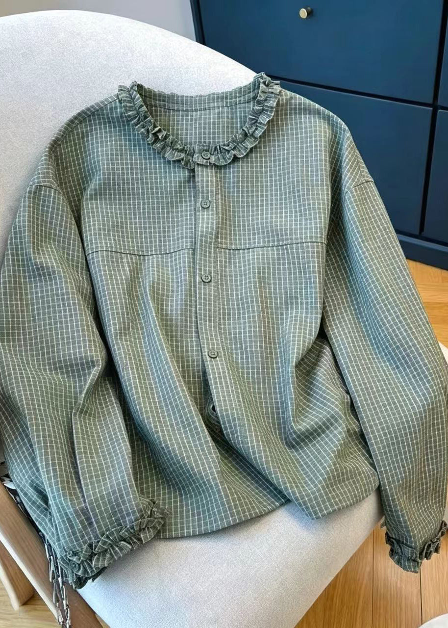 Vintage Green Plaid O-Neck Ruffled Cotton Shirt Top Fall