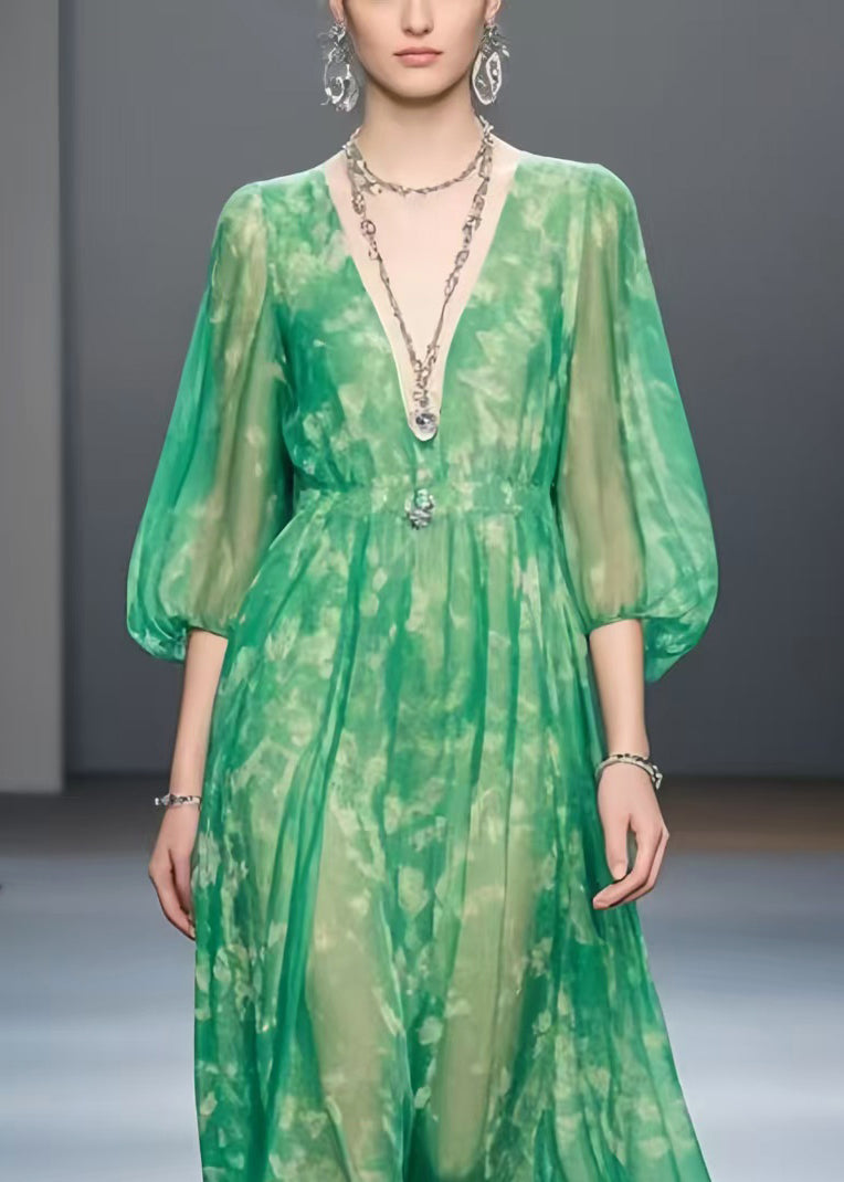 Vintage Green Print Chiffon Robe Dresses Bracelet Sleeve