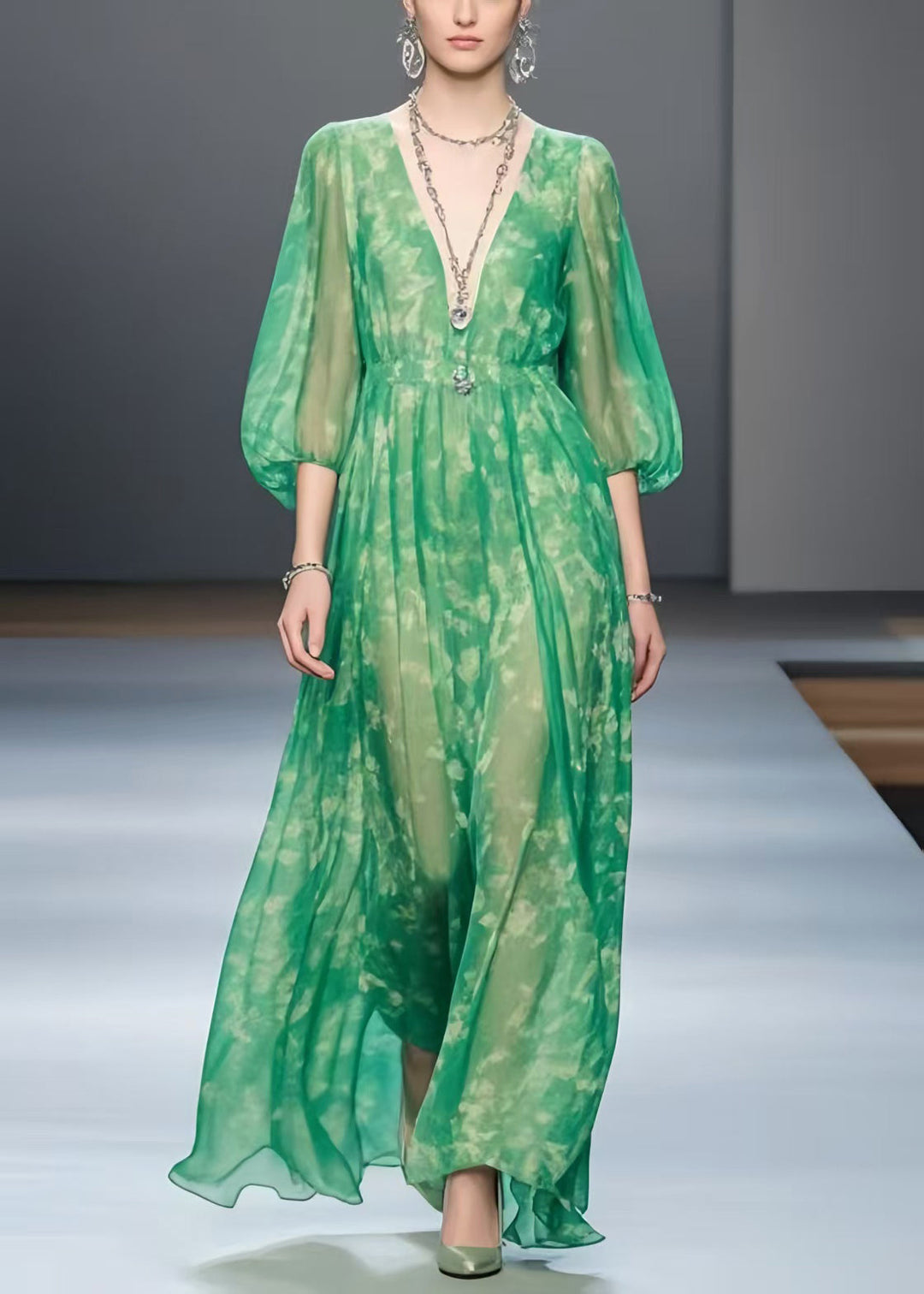 Vintage Green Print Chiffon Robe Dresses Bracelet Sleeve