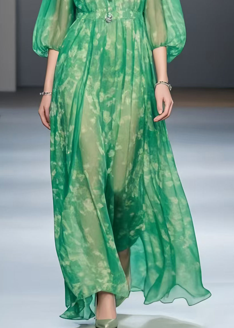 Vintage Green Print Chiffon Robe Dresses Bracelet Sleeve