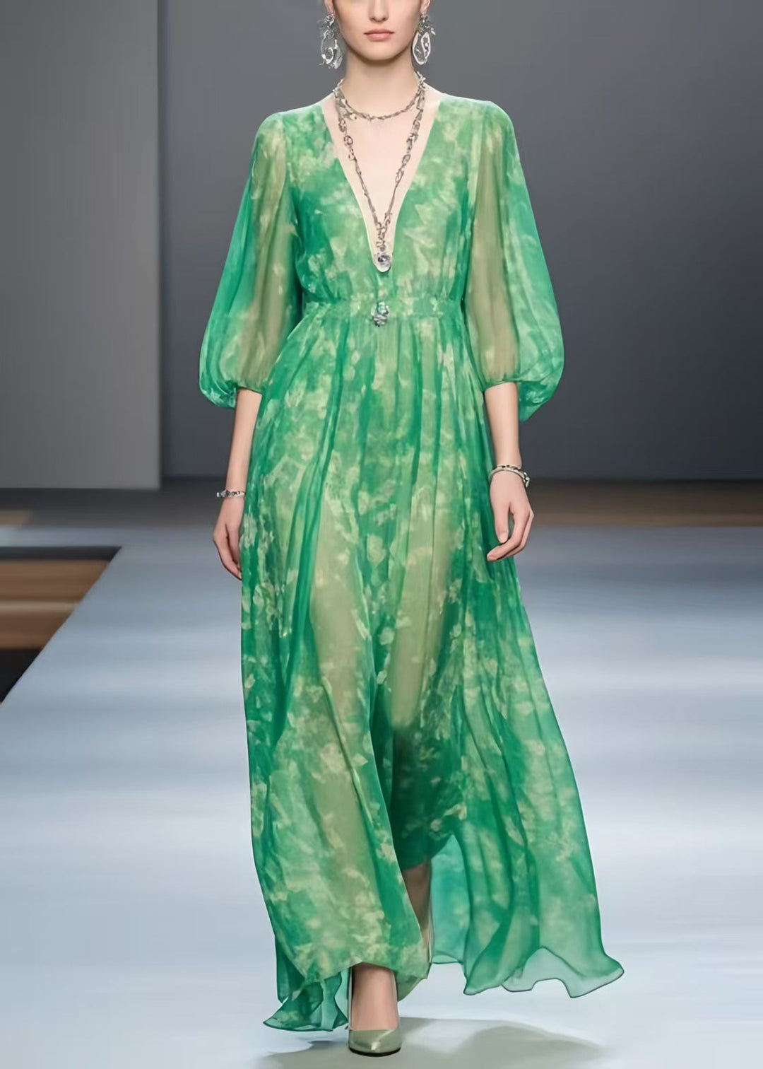 Vintage Green Print Chiffon Robe Dresses Bracelet Sleeve