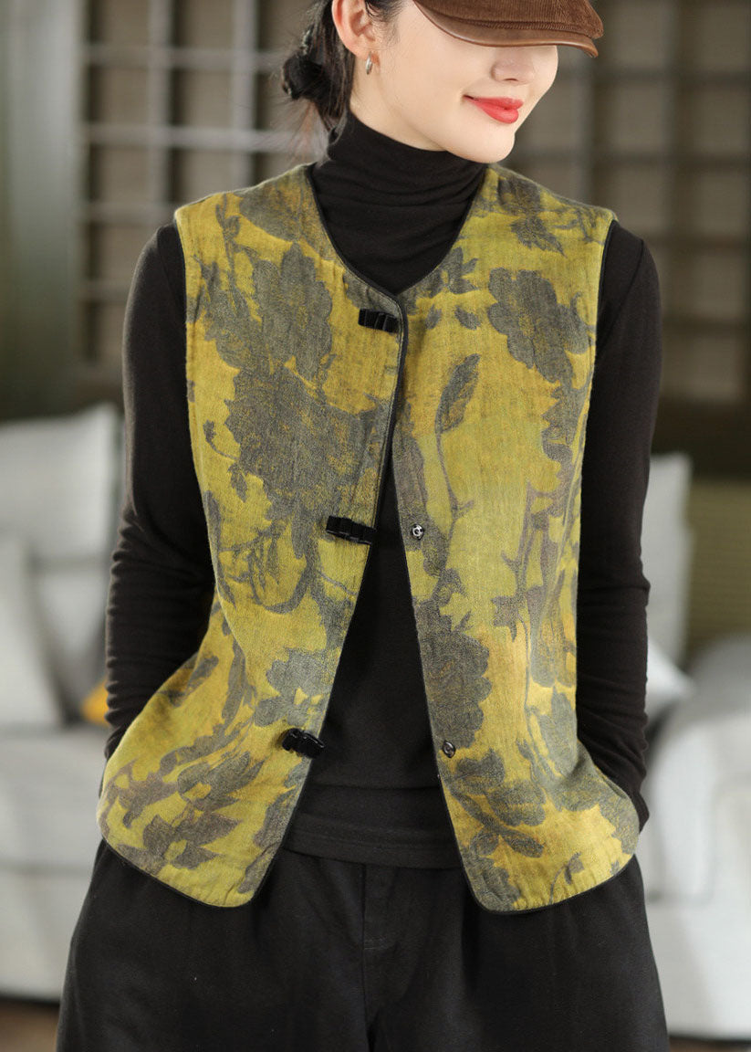 Vintage Green Print Chinese Button Cotton Vest Top Fall