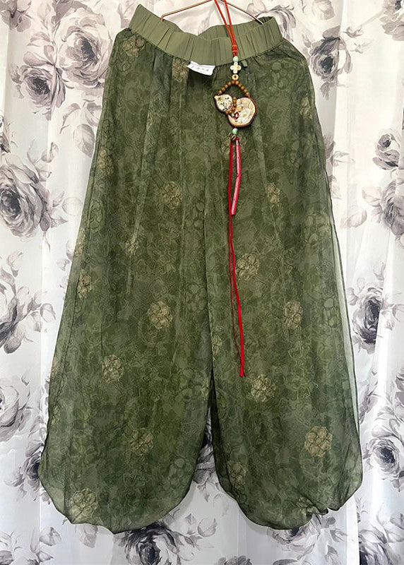 Vintage Green Print Elastic Waist Tulle Crop Pants
