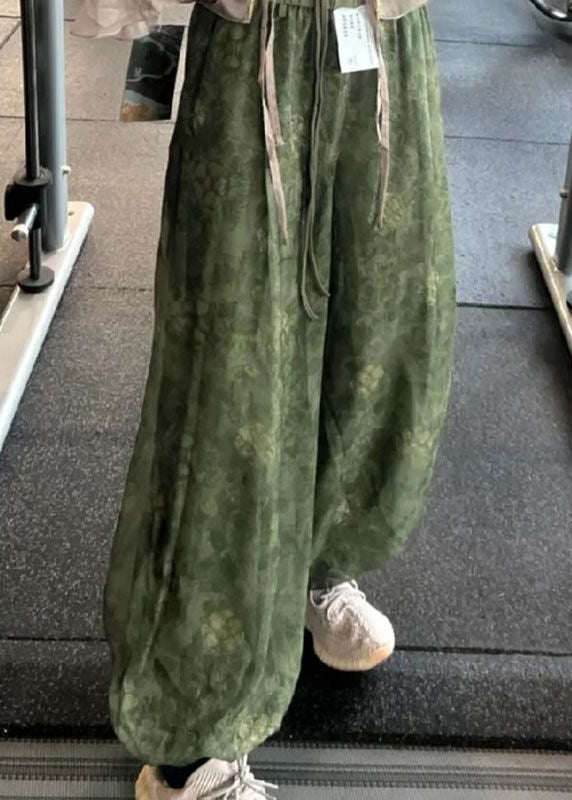 Vintage Green Print Elastic Waist Tulle Crop Pants