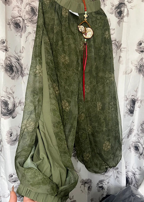 Vintage Green Print Elastic Waist Tulle Crop Pants