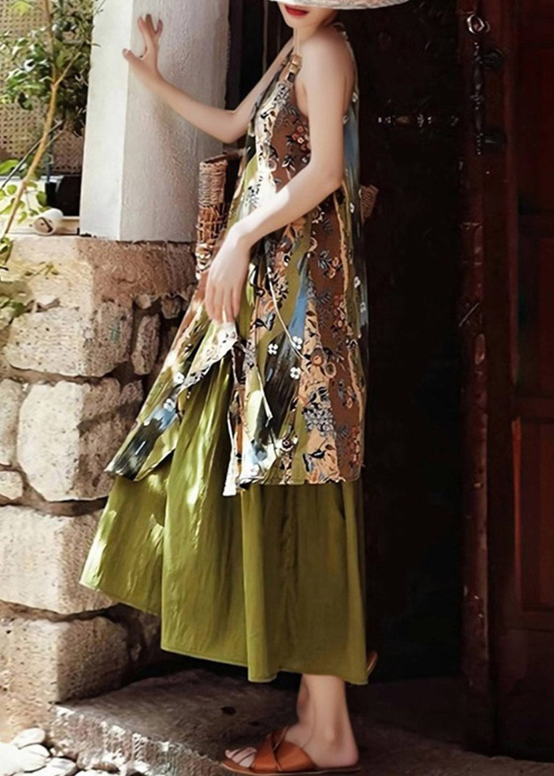 Vintage Green Print Holiday Long Spaghetti Strap Dress Sleeveless