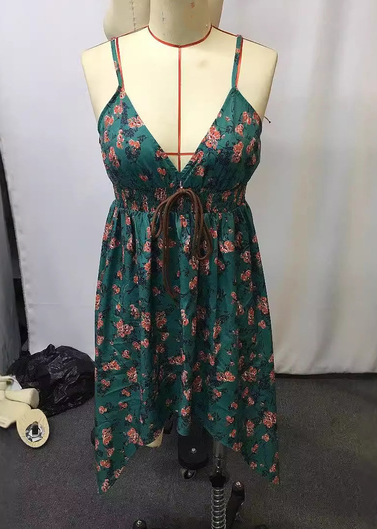 Vintage Green Print Low High Design Spaghetti Strap Mid Dress Summer