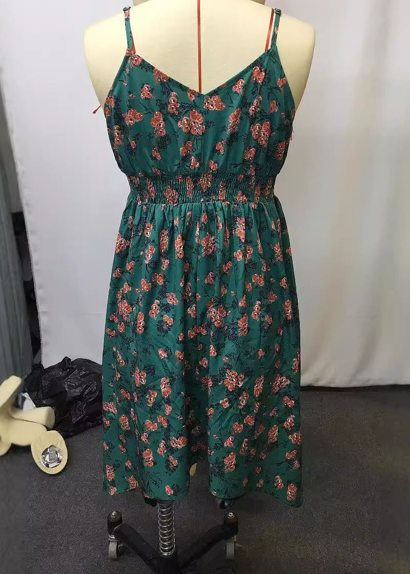 Vintage Green Print Low High Design Spaghetti Strap Mid Dress Summer
