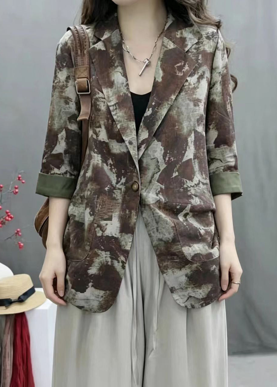 Vintage Green Print Notched Pockets Thin Jacket Fall
