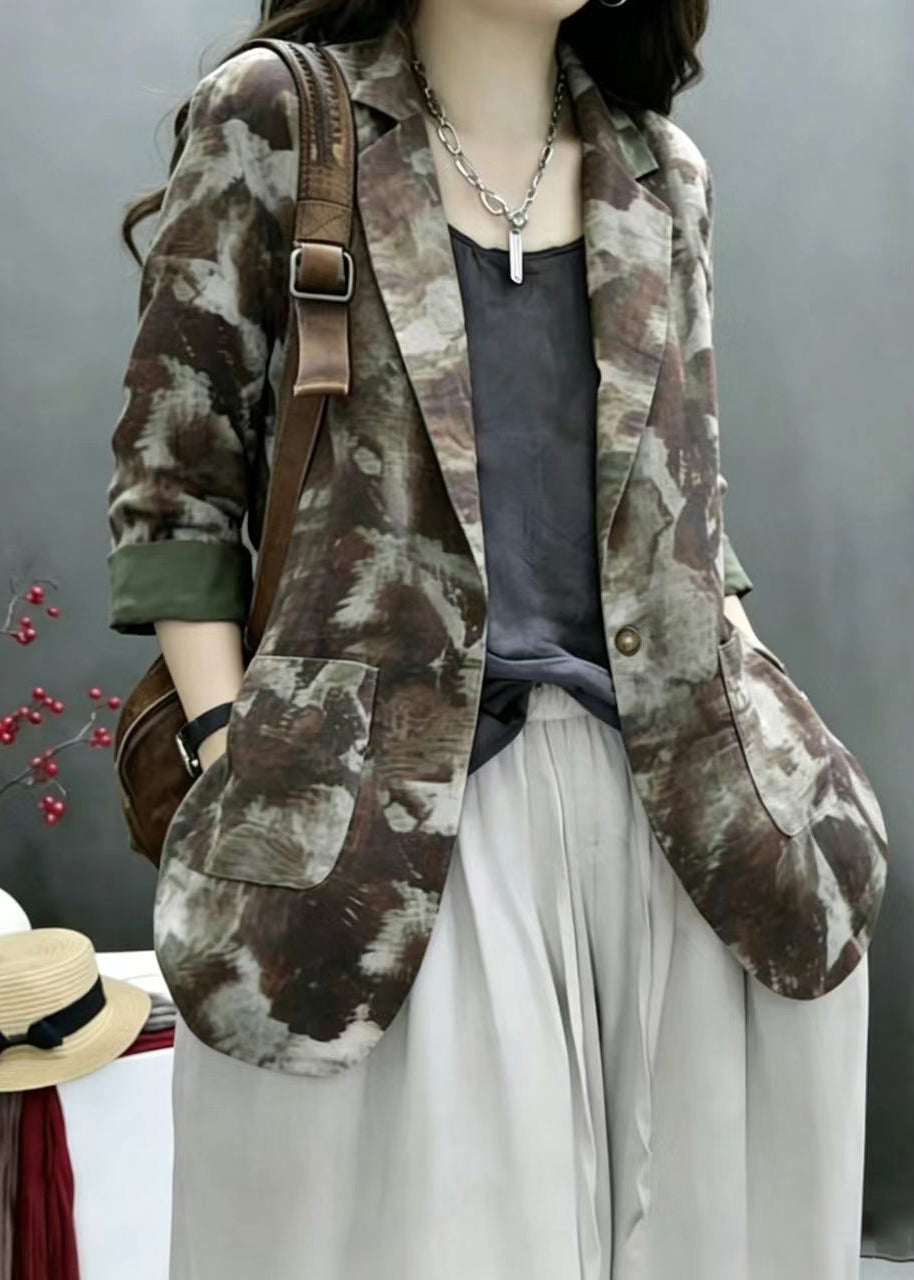 Vintage Green Print Notched Pockets Thin Jacket Fall