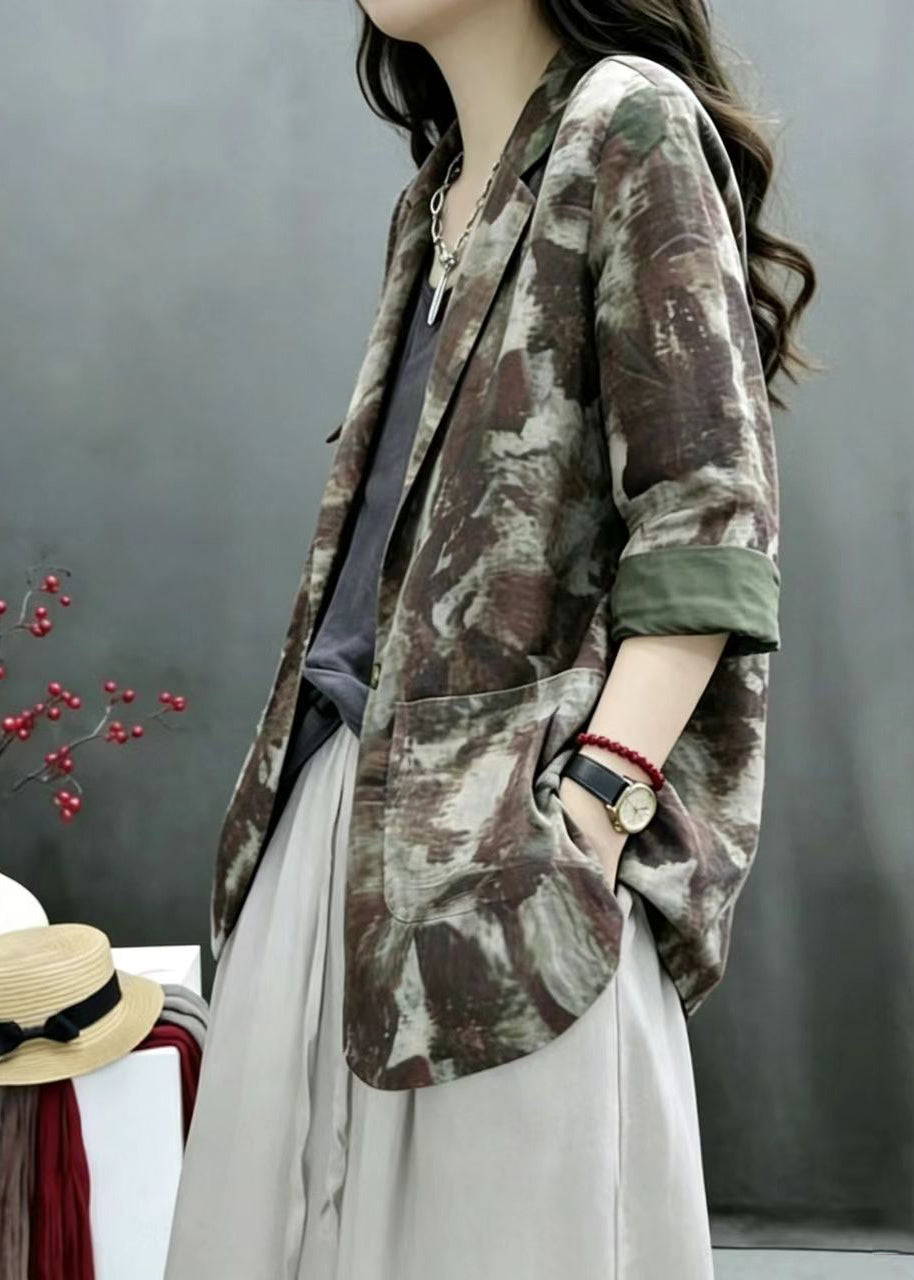 Vintage Green Print Notched Pockets Thin Jacket Fall