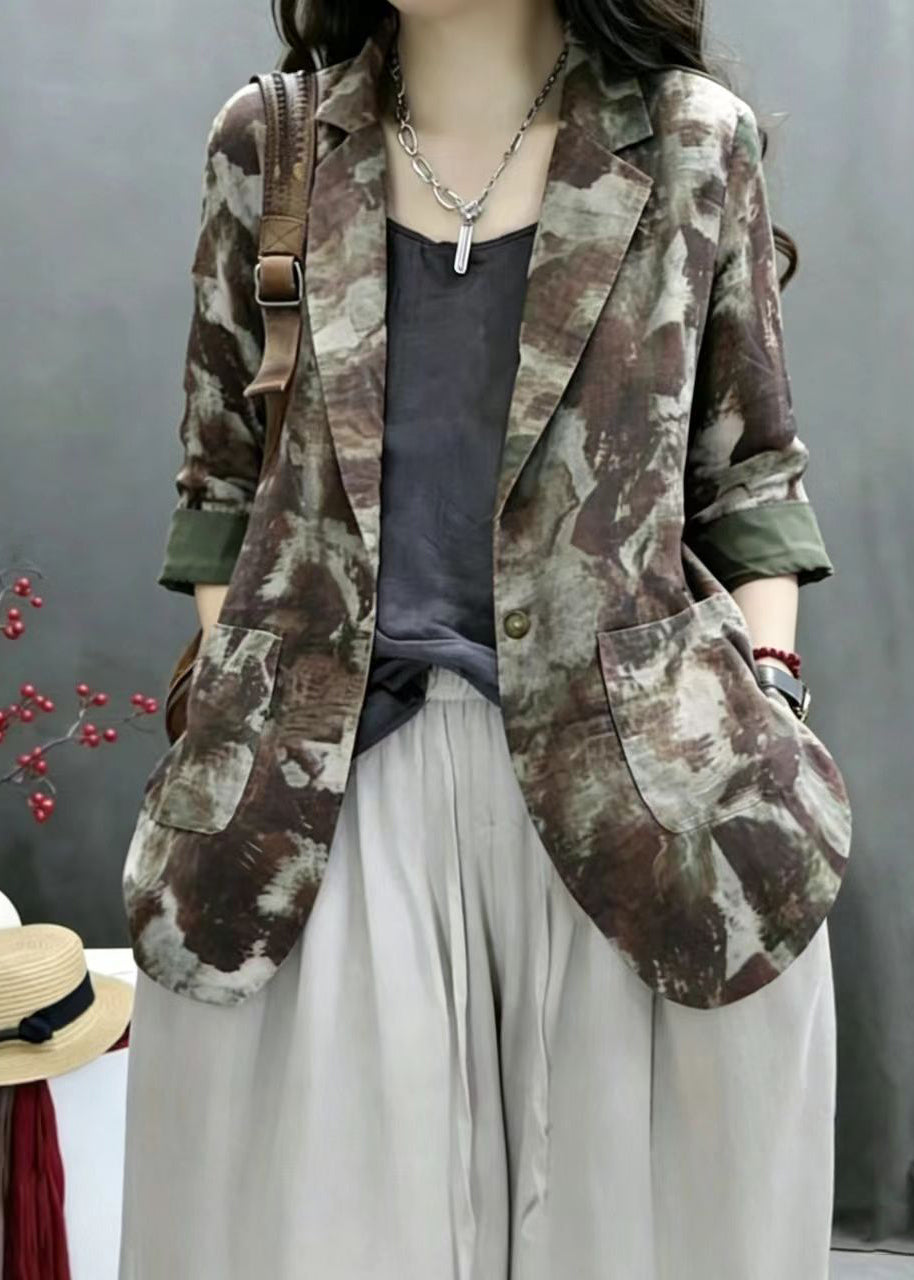 Vintage Green Print Notched Pockets Thin Jacket Fall