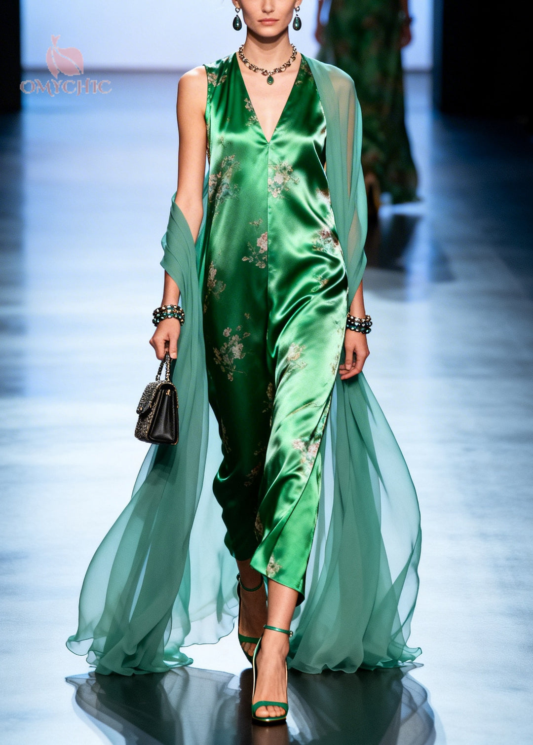 Vintage Green Print Patchwork Tulle Holiday Dress Summer