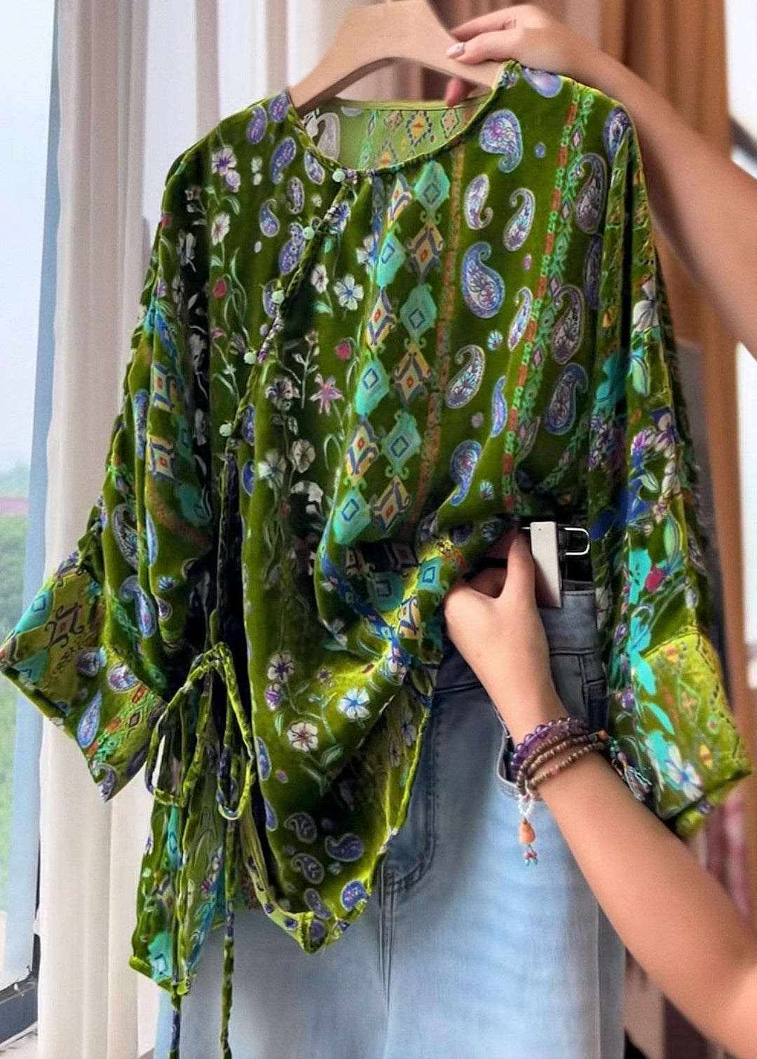 Vintage Green Print Tie Waist Silk Velour Tops Three Quarter Sleeve