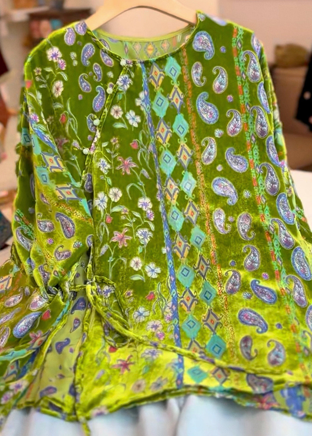 Vintage Green Print Tie Waist Silk Velour Tops Three Quarter Sleeve