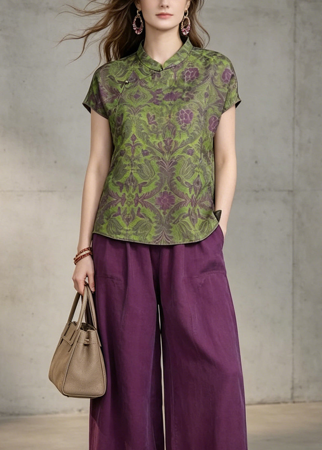 Vintage Green Print Top And Purple Pants Cotton Two Pieces Set Summer