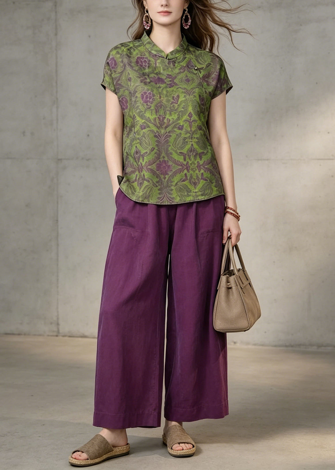 Vintage Green Print Top And Purple Pants Cotton Two Pieces Set Summer